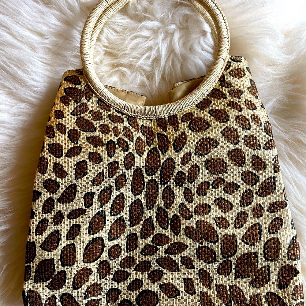 Vintage Avon Leopard Print Woven Handbag with Wrapped Circle Handles